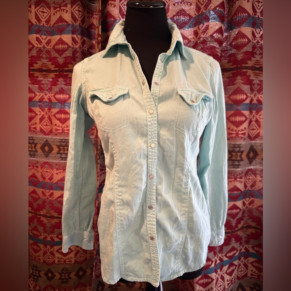 Barn Fly Trading Size Small Light Turquoise Bucking Horse Button Up Shirt